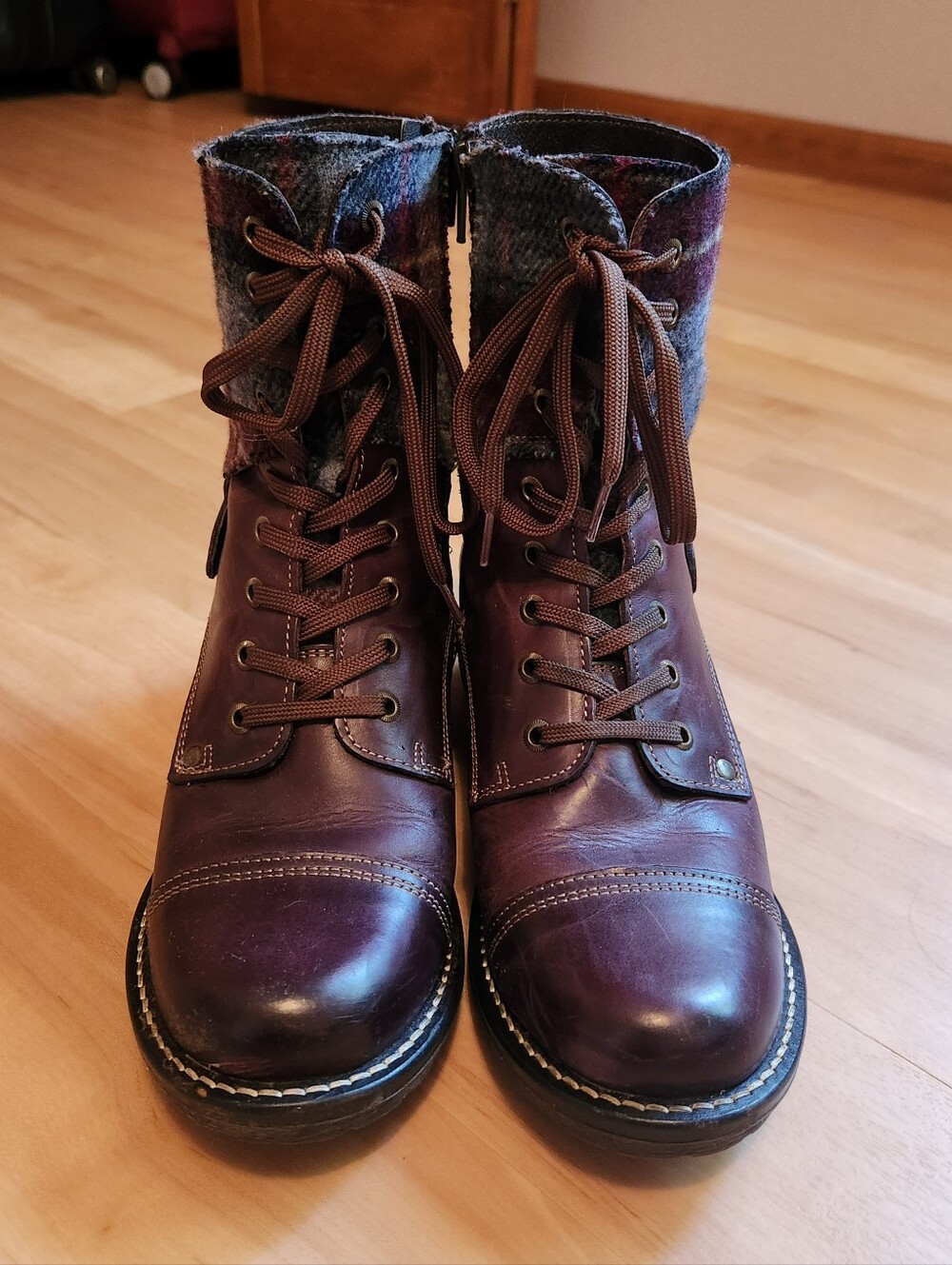 Taos Crave Burgundy Leather Lace-Up Boots with Tweed Cuff Size 38